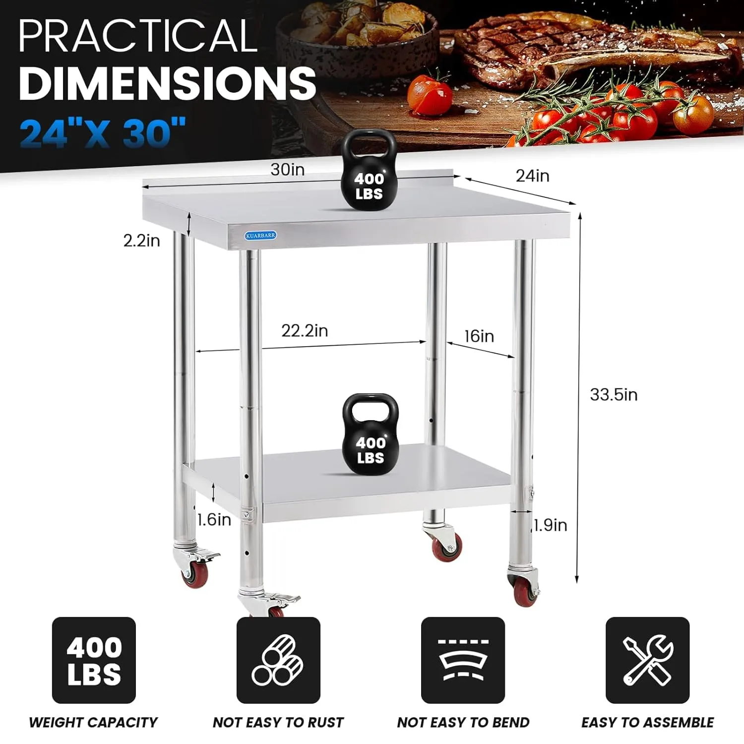 Stainless Steel Table for Prep & Work with 4 Caster Wheels with Backsplash 24 x 30 NSF Metal Commercial Kitchen Adjustable Under Shelf Worktable for Restaurant Home Outdoor