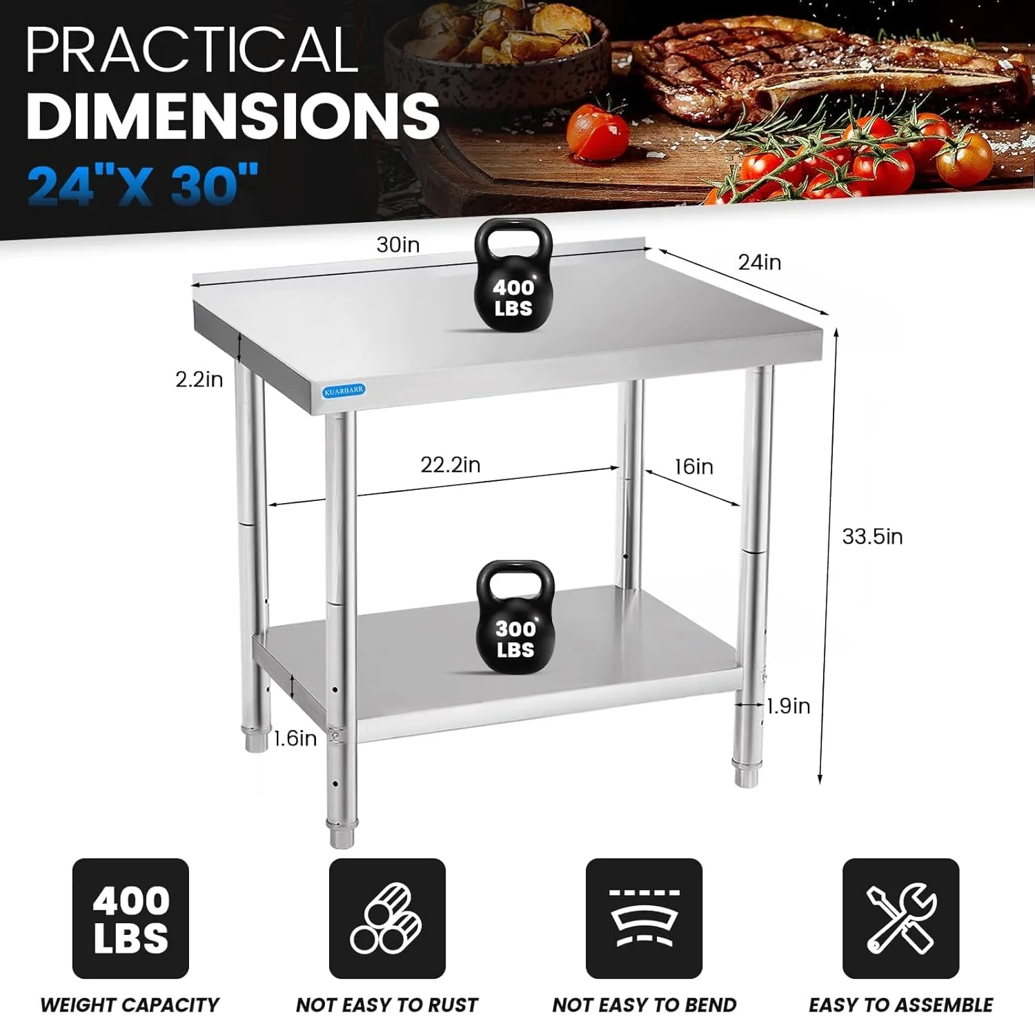 Stainless Steel Table for Prep & Work with Backsplash 24 x 30 Inches NSF Metal Commercial Kitchen Adjustable Under Shelf Worktable for Restaurant Home Outdoor