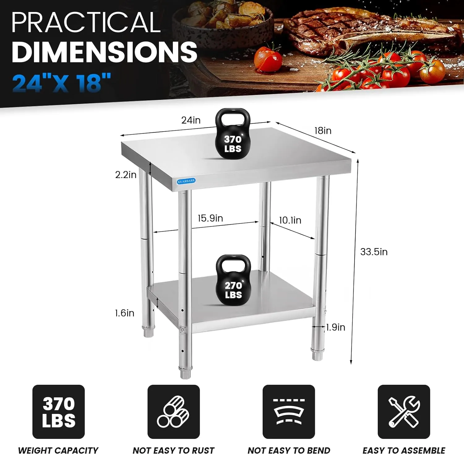 Stainless Steel Table for Prep & Work with Undershelf 18 x 24 Inches NSF Metal Commercial Kitchen Prep Table with Adjustable Under Shelf Worktable for Restaurant Home Outdoor