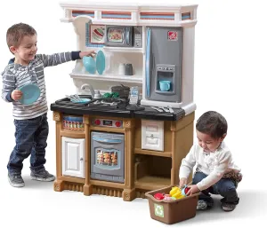 Step2 Lifestyle Custom Kids Kitchen Playset, Indoor/Outdoor Kitchenette, Interactive Play with Lights and Sounds, Made of Durable Plastic, 20 Piece Toy Accessories, Toddlers 2  Years Old, Tan