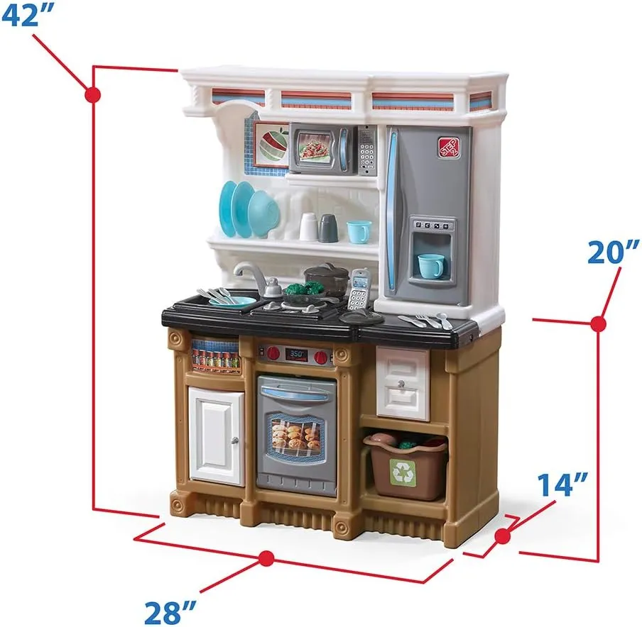 Step2 Lifestyle Custom Kids Kitchen Playset, Indoor/Outdoor Kitchenette, Interactive Play with Lights and Sounds, Made of Durable Plastic, 20 Piece Toy Accessories, Toddlers 2  Years Old, Tan