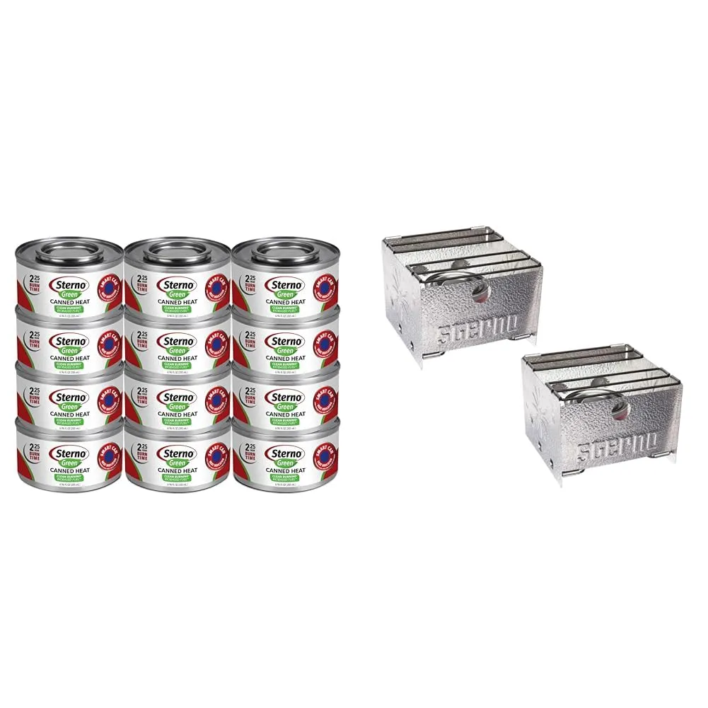 Sterno 2.25 Hour 12 Pack Green Canned Heat with 2 Pack Folding Stove and Wind Shield