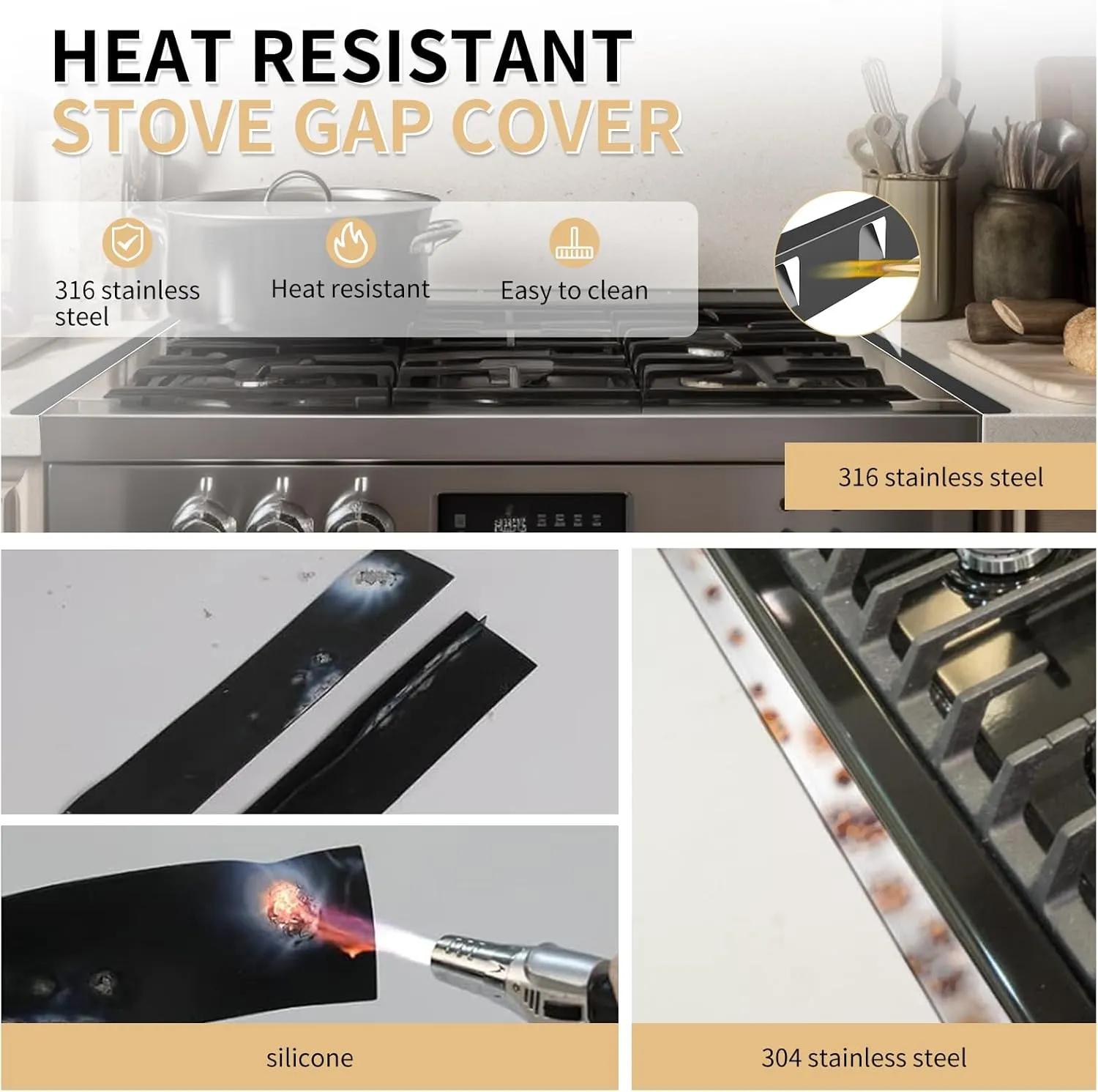 Stove Gap Covers 316 Stainless Steel Stove Gap Filler Oven Side Gap Filler Between Stove and Counter Slide In Range Trim Kit for Kitchen 2 Pack(23.2” Matte Black)