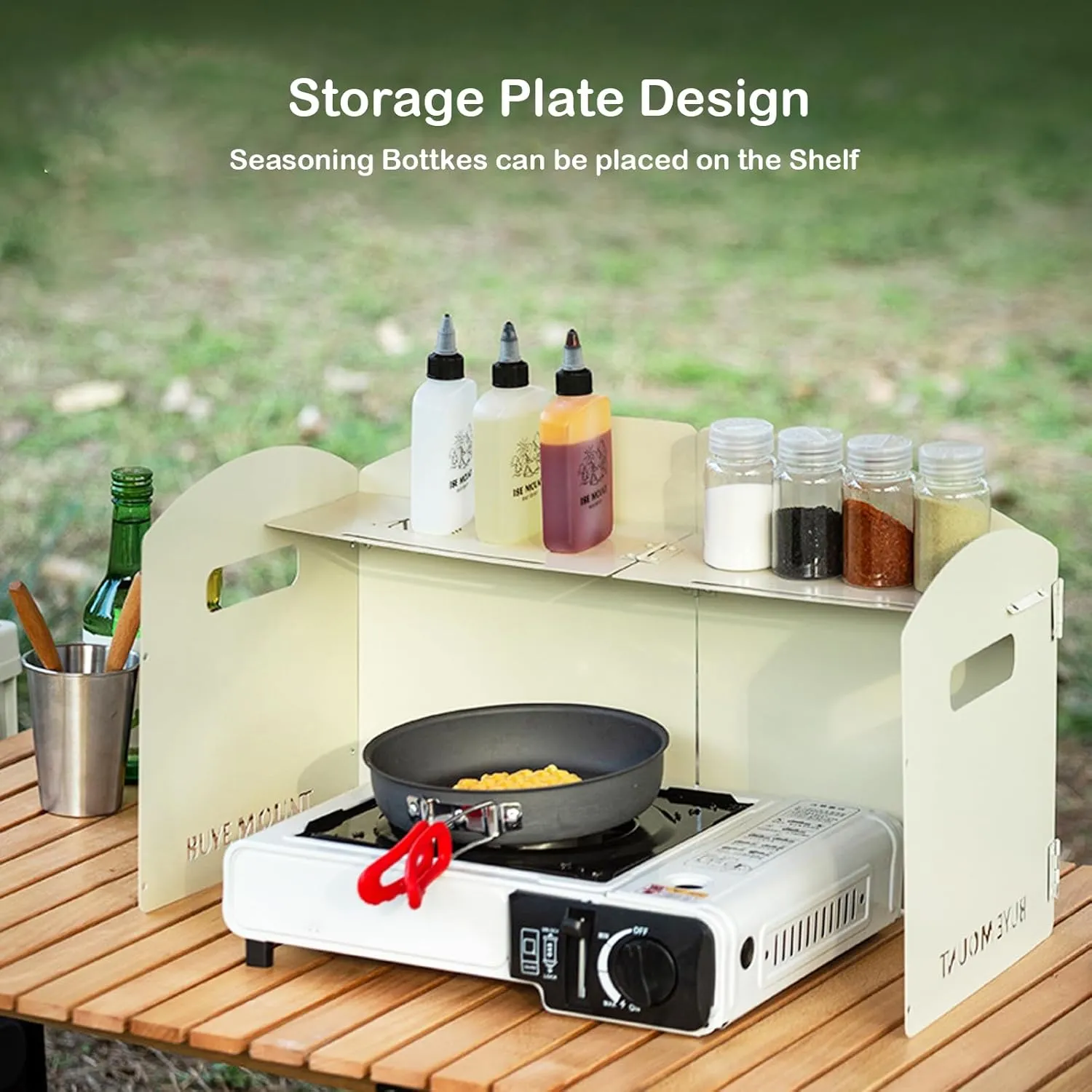 Stove Windscreen - Folding Camping Stove Windshield 4 Plates Stainless Steel Stove Windscreen with Shelf Board for Outdoor, Picnic, Backpacking and Cooking Beige, Large, SW-02-Bei