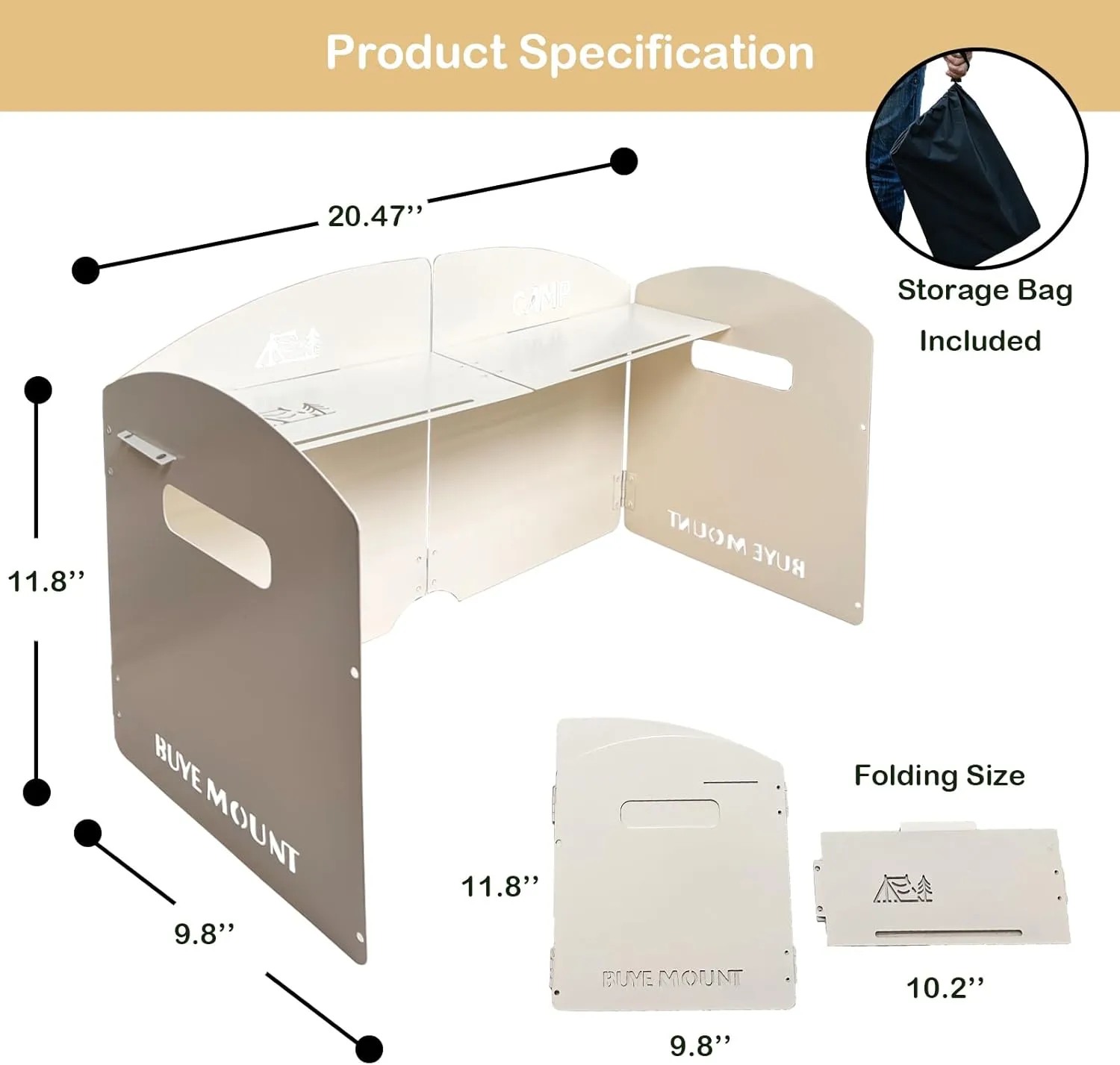 Stove Windscreen - Folding Camping Stove Windshield 4 Plates Stainless Steel Stove Windscreen with Shelf Board for Outdoor, Picnic, Backpacking and Cooking Beige, Large, SW-02-Bei