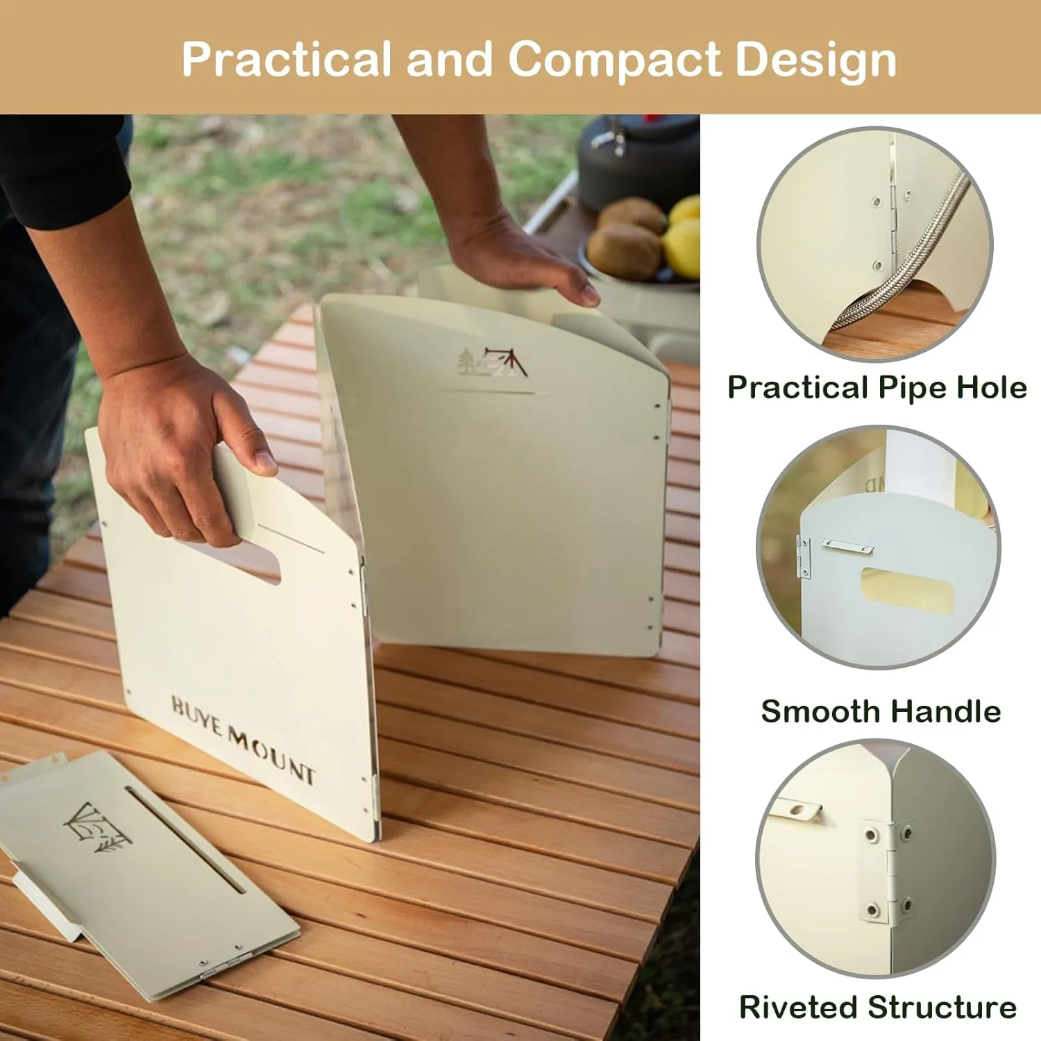 Stove Windscreen - Folding Camping Stove Windshield 4 Plates Stainless Steel Stove Windscreen with Shelf Board for Outdoor, Picnic, Backpacking and Cooking Beige, Large, SW-02-Bei