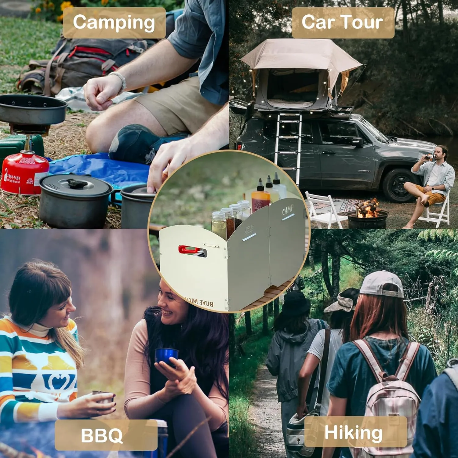 Stove Windscreen - Folding Camping Stove Windshield 4 Plates Stainless Steel Stove Windscreen with Shelf Board for Outdoor, Picnic, Backpacking and Cooking Beige, Large, SW-02-Bei