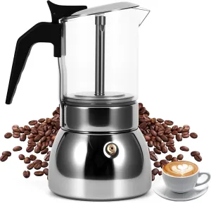 Stovetop Espresso Maker, 6Cup 300ML Stainless Steel Stovetop Italian Coffee Maker Transparent Glass Moka Pot, Coffee Maker Mocha Pot for Home Cafe Outdoor Office, Silver