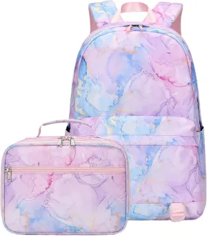 Sugaroom School Backpack for Girls Backpack with Lunch Box Lightweight Water Resistant Marble Kids Backpack Bookbags Set