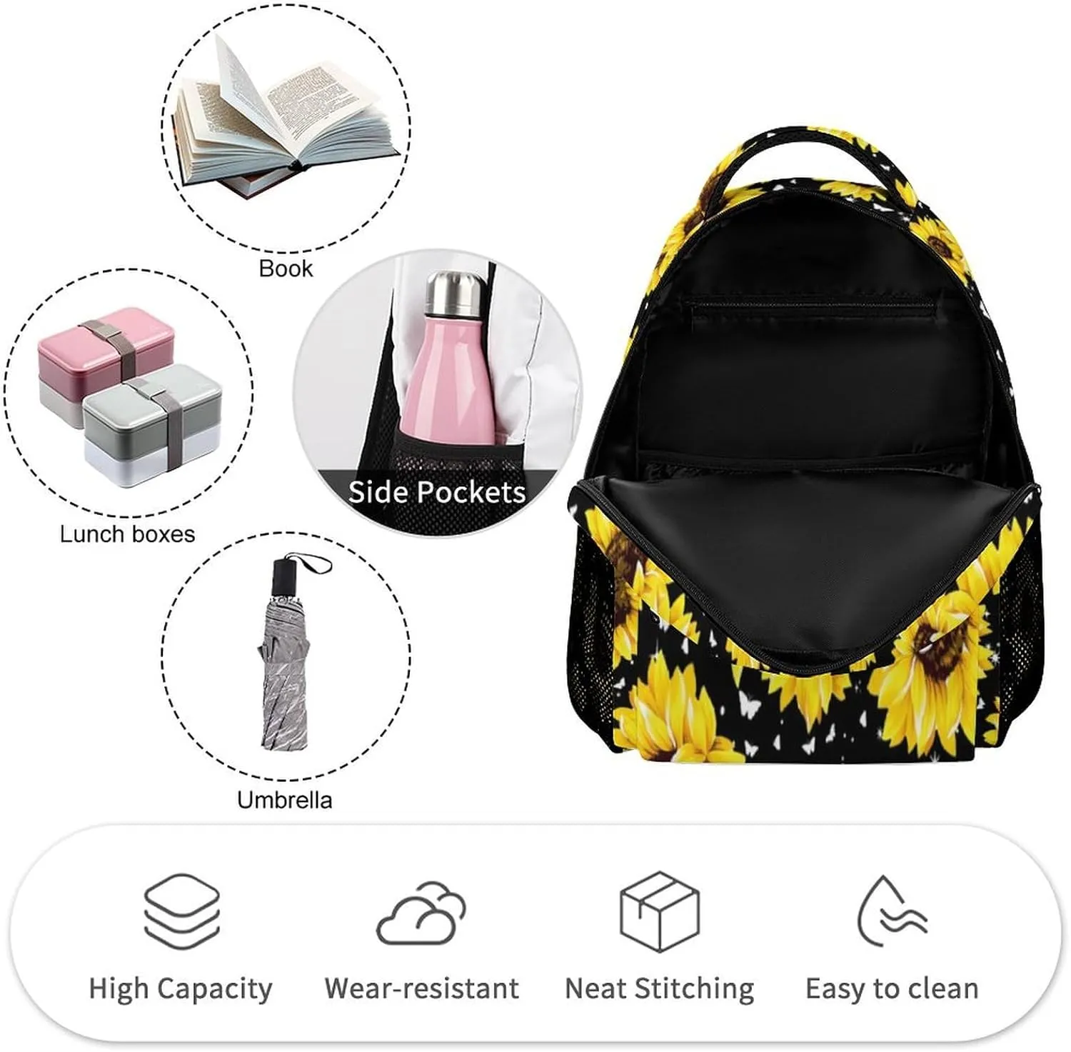 Sunflower School Backpack for Kids Girls Boys, 16 Inch Cute Sunflowers Themed Bookbag, Personalized School Backpack for Students Children, Lightweight, Large Capacity