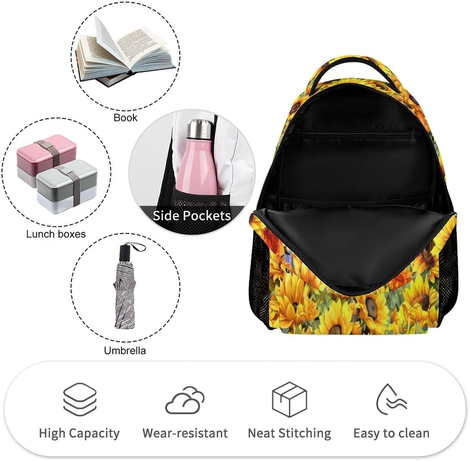 Sunflower School Backpack for Kids Girls Boys, 16 Inch Cute Sunflowers Themed Bookbag, Personalized School Backpack for Students Children, Lightweight, Large Capacity