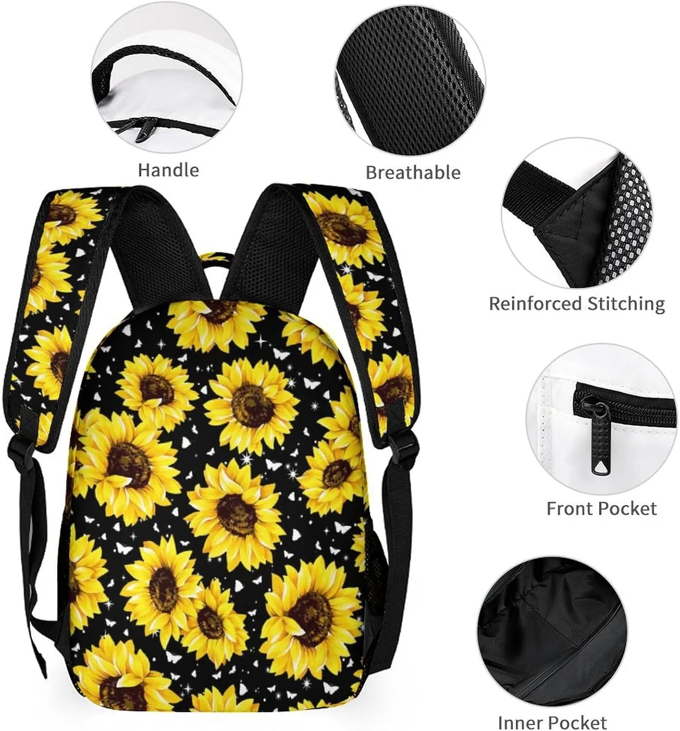 Sunflower School Backpack for Kids Girls Boys, 16 Inch Cute Sunflowers Themed Bookbag, Personalized School Backpack for Students Children, Lightweight, Large Capacity