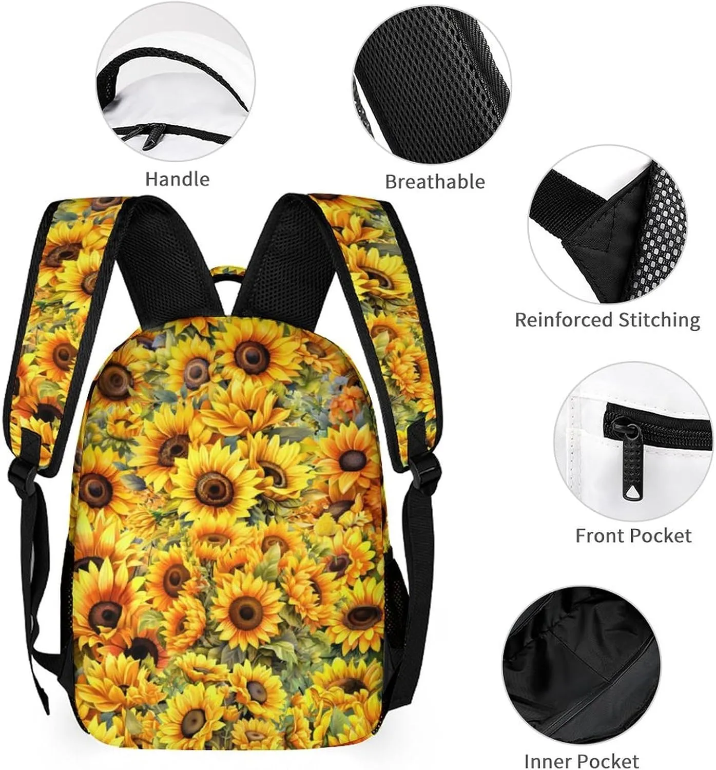 Sunflower School Backpack for Kids Girls Boys, 16 Inch Cute Sunflowers Themed Bookbag, Personalized School Backpack for Students Children, Lightweight, Large Capacity