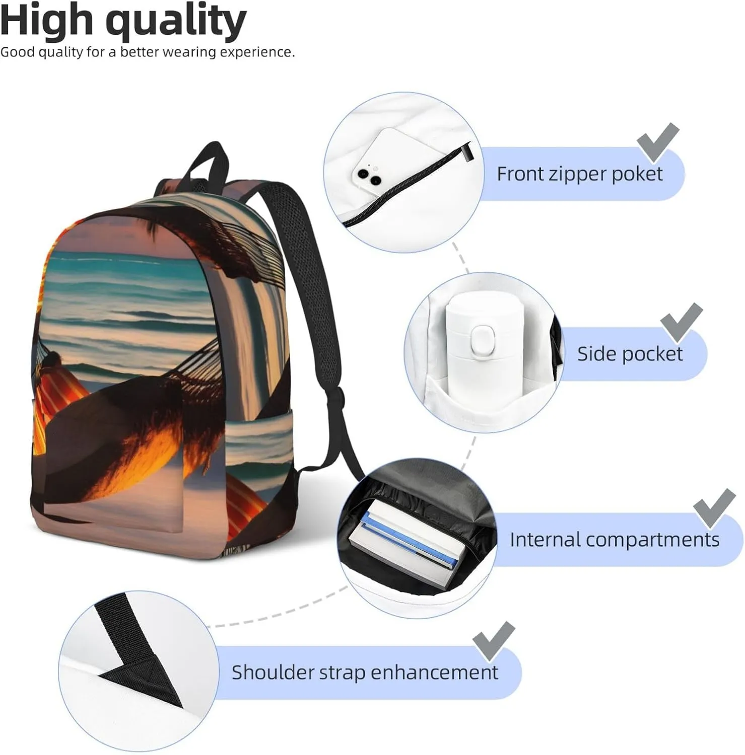 Sunset Beach Hammock Double Shoulder Backpack, Lightweight Backpack, Medium Suitable For Traveling, Outdoor Activities.