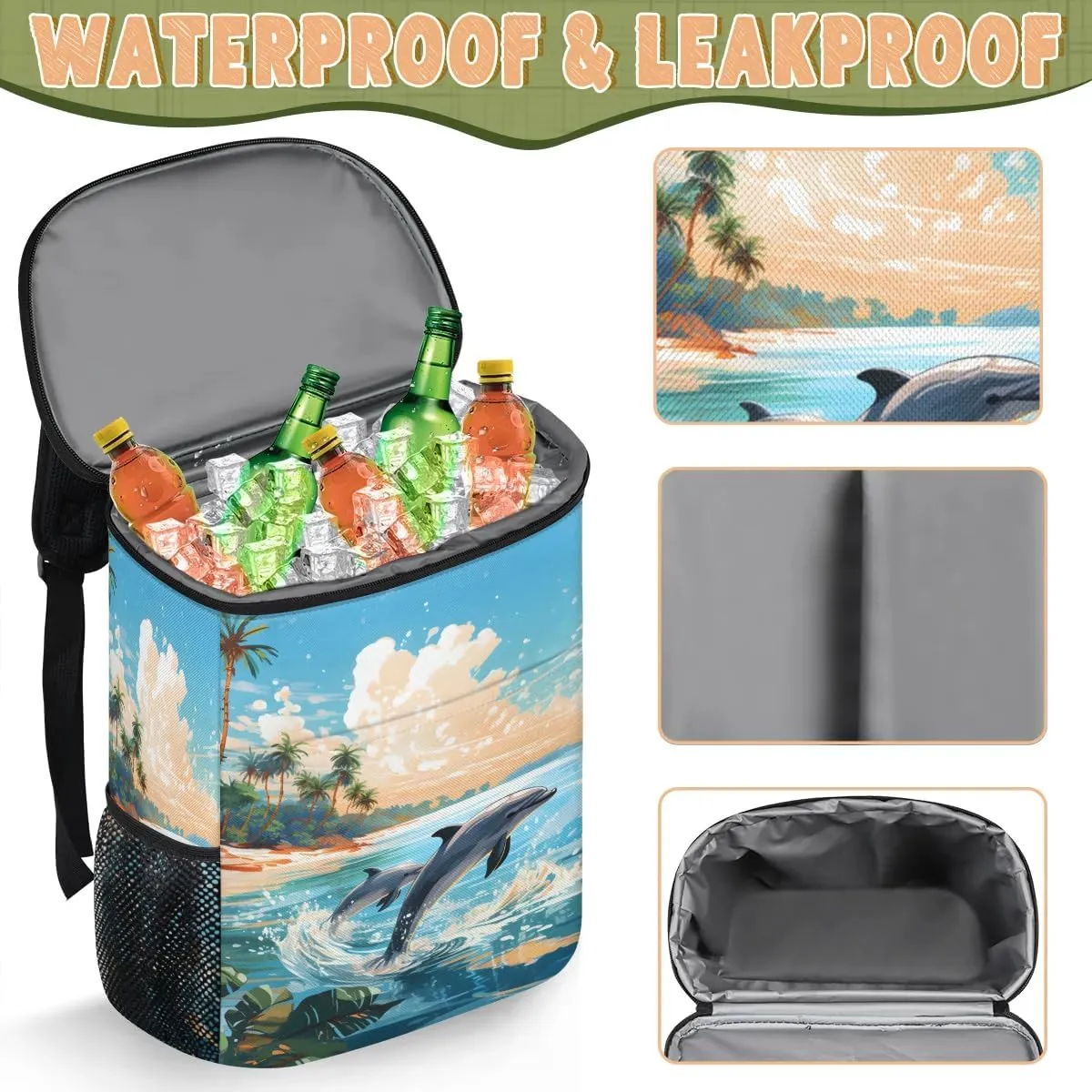 Sunset Jumping Dolphin Backpack Cooler Leakproof Insulated Cooler Bag Beach Travel Camping Lunch Backpack for Men Women