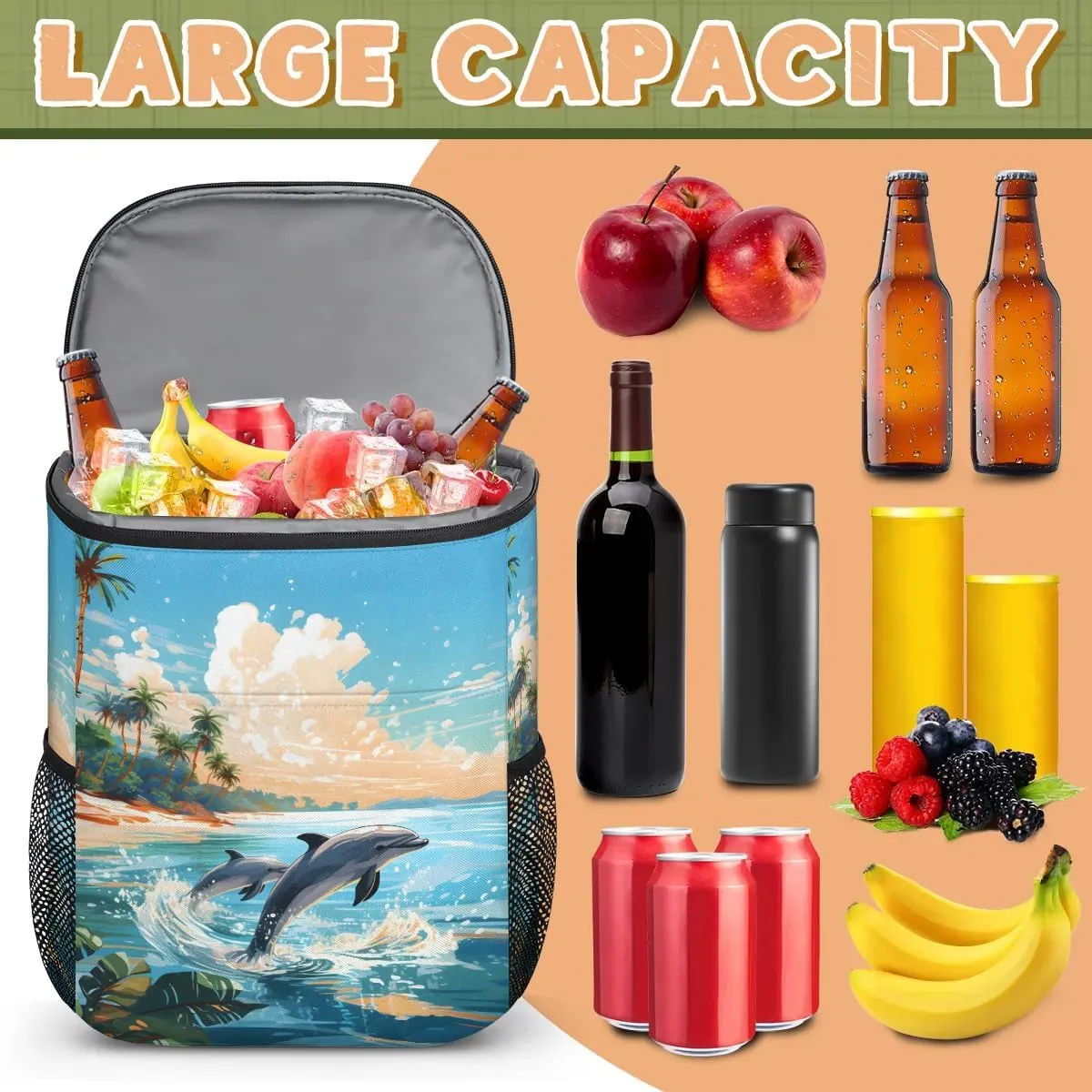 Sunset Jumping Dolphin Backpack Cooler Leakproof Insulated Cooler Bag Beach Travel Camping Lunch Backpack for Men Women