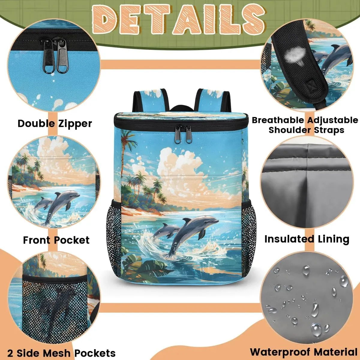 Sunset Jumping Dolphin Backpack Cooler Leakproof Insulated Cooler Bag Beach Travel Camping Lunch Backpack for Men Women