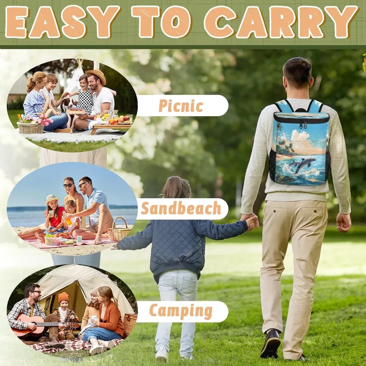 Sunset Jumping Dolphin Backpack Cooler Leakproof Insulated Cooler Bag Beach Travel Camping Lunch Backpack for Men Women