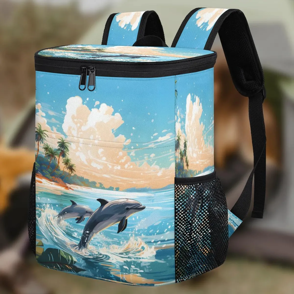 Sunset Jumping Dolphin Backpack Cooler Leakproof Insulated Cooler Bag Beach Travel Camping Lunch Backpack for Men Women