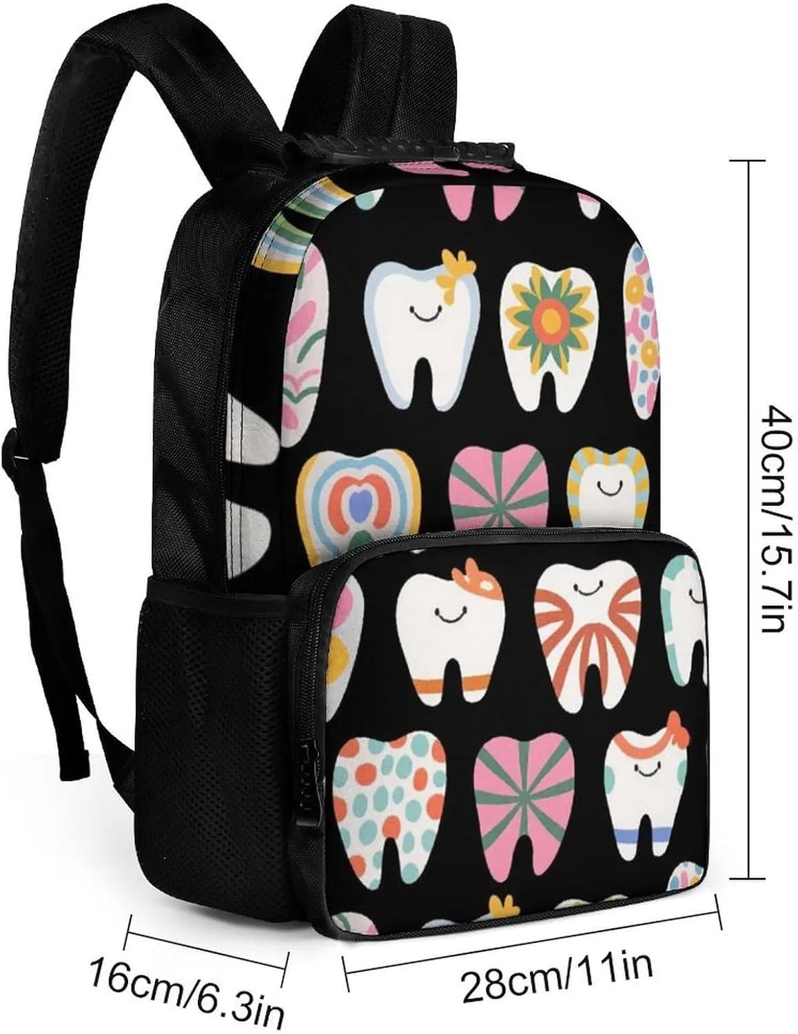 Supdreamc Cartoon Teeth Dental Art Backpack Polyester Anti-Theft Multipurpose Bookbag Large Capacity Laptop Book Bag Rucksack With Side Pockets