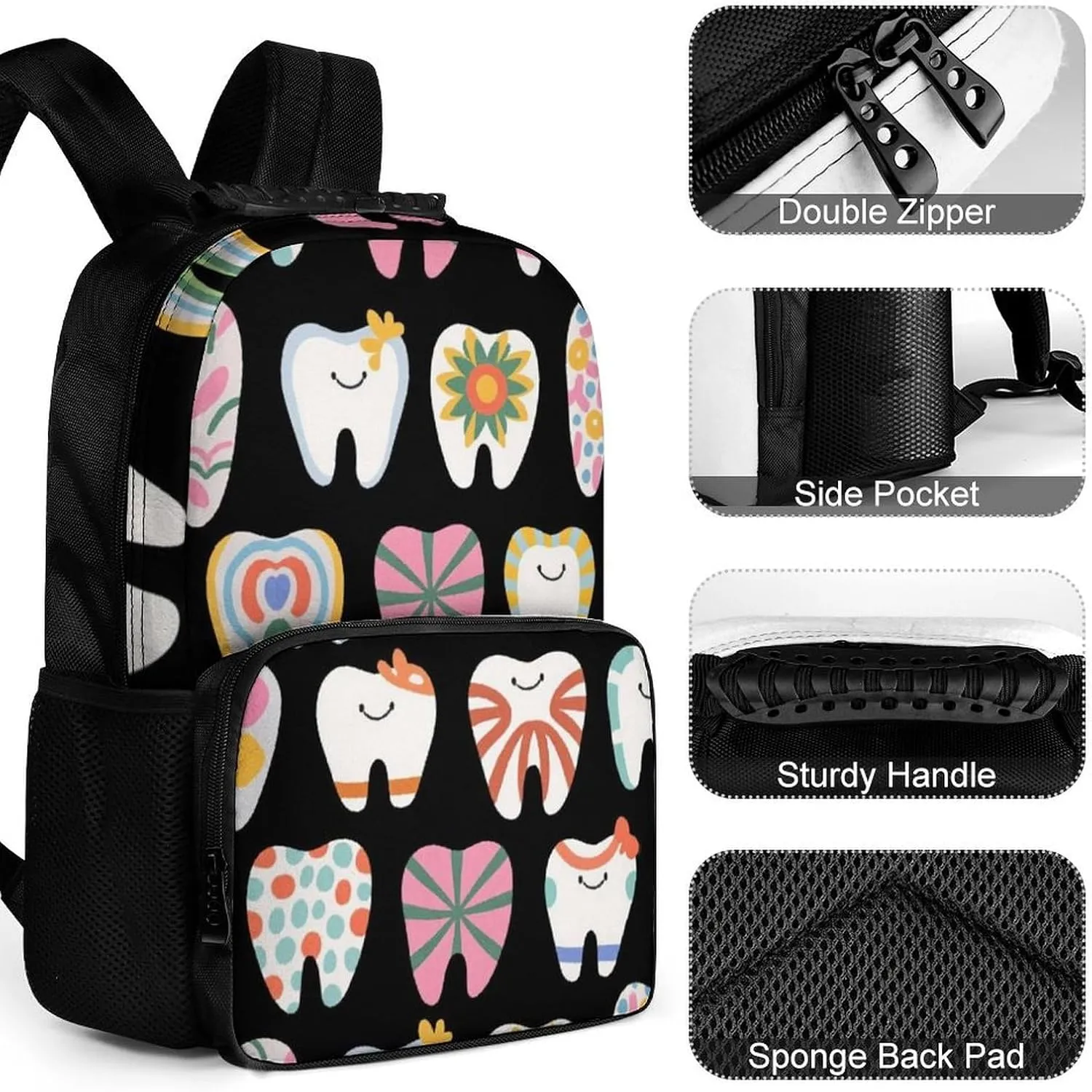 Supdreamc Cartoon Teeth Dental Art Backpack Polyester Anti-Theft Multipurpose Bookbag Large Capacity Laptop Book Bag Rucksack With Side Pockets