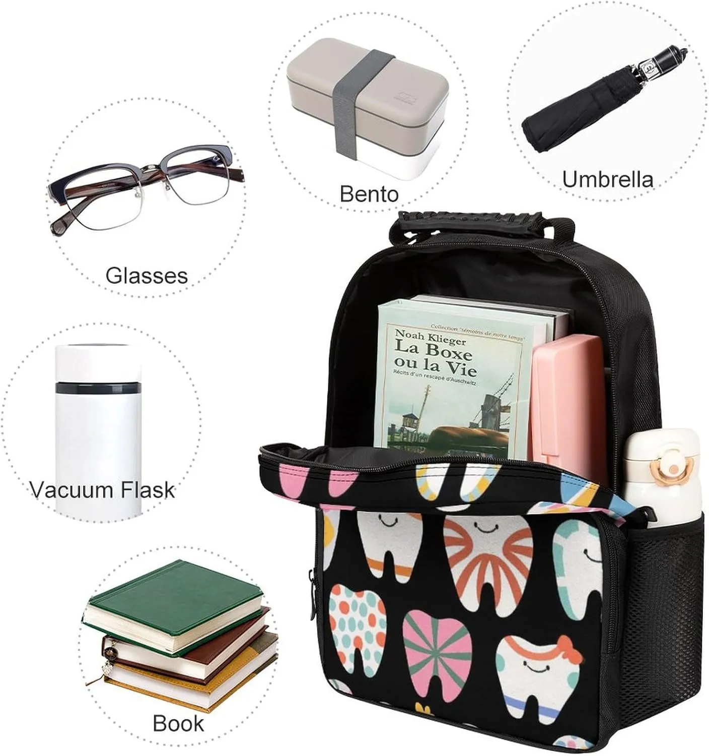 Supdreamc Cartoon Teeth Dental Art Backpack Polyester Anti-Theft Multipurpose Bookbag Large Capacity Laptop Book Bag Rucksack With Side Pockets