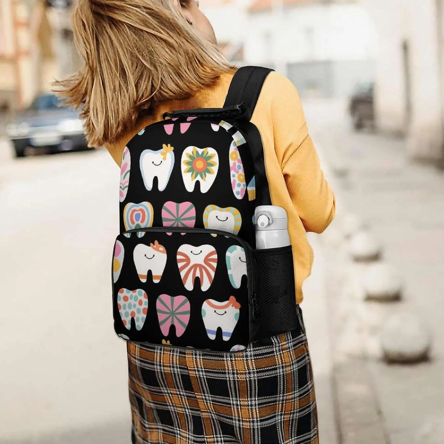 Supdreamc Cartoon Teeth Dental Art Backpack Polyester Anti-Theft Multipurpose Bookbag Large Capacity Laptop Book Bag Rucksack With Side Pockets