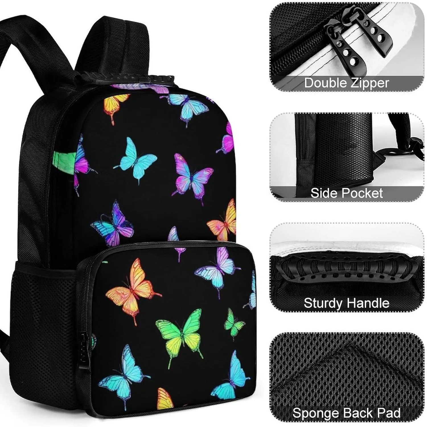 Supdreamc Lightweight Daypack Backpack for Trekking Work Running - Big Capacity Multipurpose Anti-Theft Bookbag, Black Colorful Monarch Butterfly Business Computer Bag
