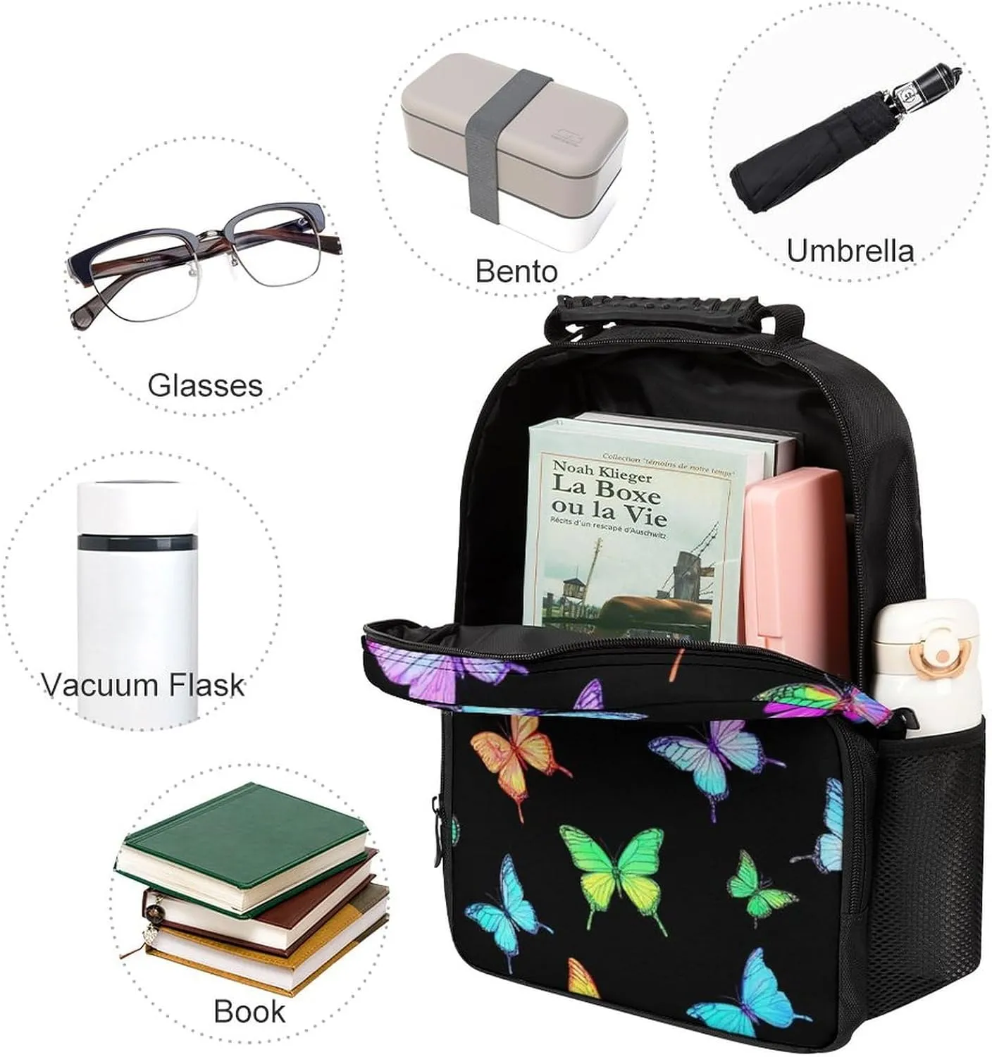 Supdreamc Lightweight Daypack Backpack for Trekking Work Running - Big Capacity Multipurpose Anti-Theft Bookbag, Black Colorful Monarch Butterfly Business Computer Bag