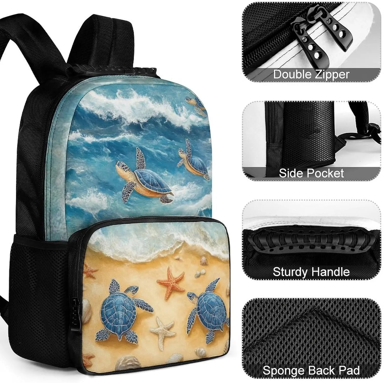 Supdreamc Men Women Polyester Beach Turtles Daypack Big Capacity Shoulder Bag With Smooth Zippers for Hiking Work Walking Cycling