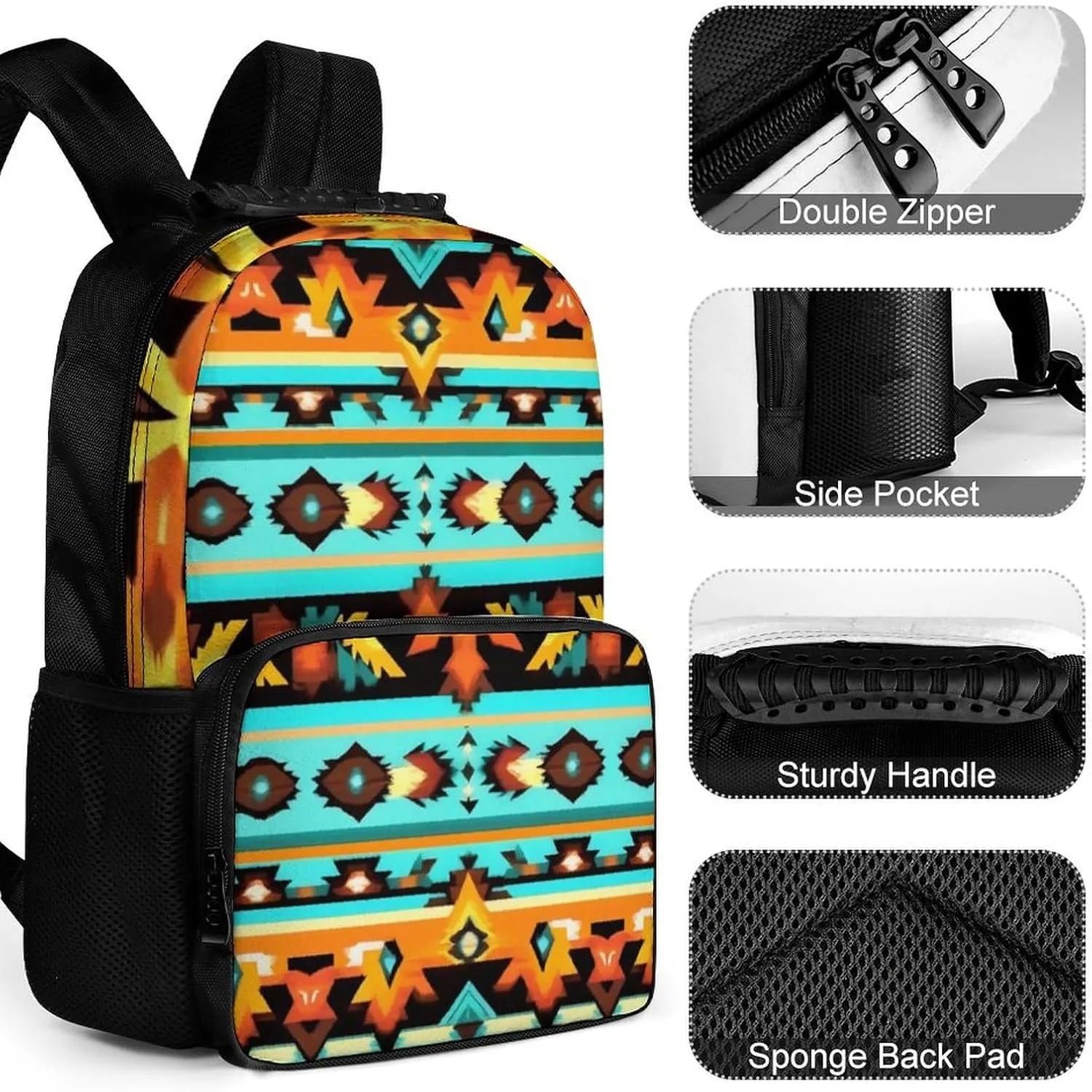 Supdreamc Men Women Polyester Ethnic Aztec Turquoise Geometric Indiana Western Southwest Pattern Daypack Big Capacity Shoulder Bag With Adjustable Shoulder Straps for Camping Travel Walking Cycling