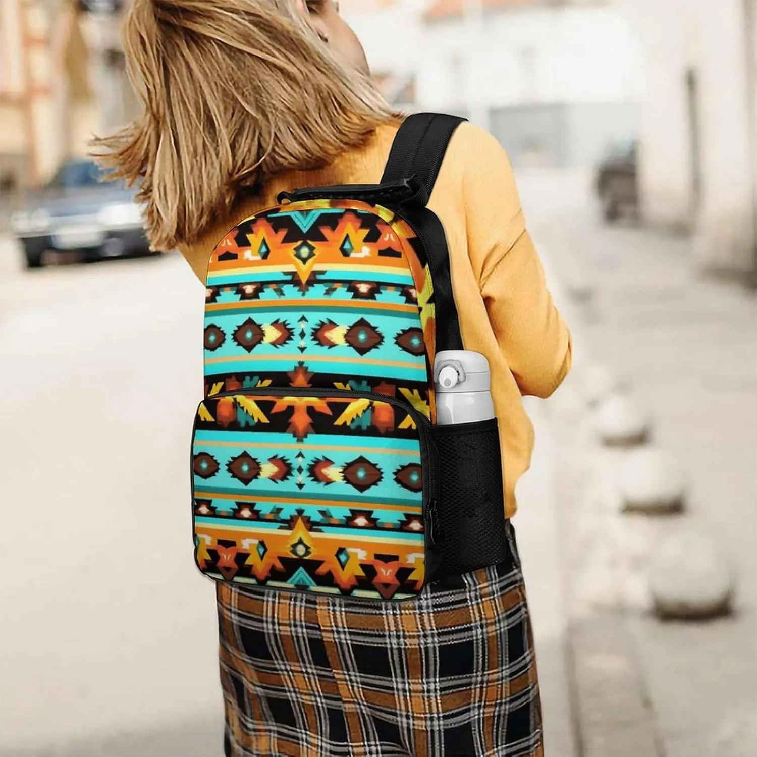 Supdreamc Men Women Polyester Ethnic Aztec Turquoise Geometric Indiana Western Southwest Pattern Daypack Big Capacity Shoulder Bag With Adjustable Shoulder Straps for Camping Travel Walking Cycling