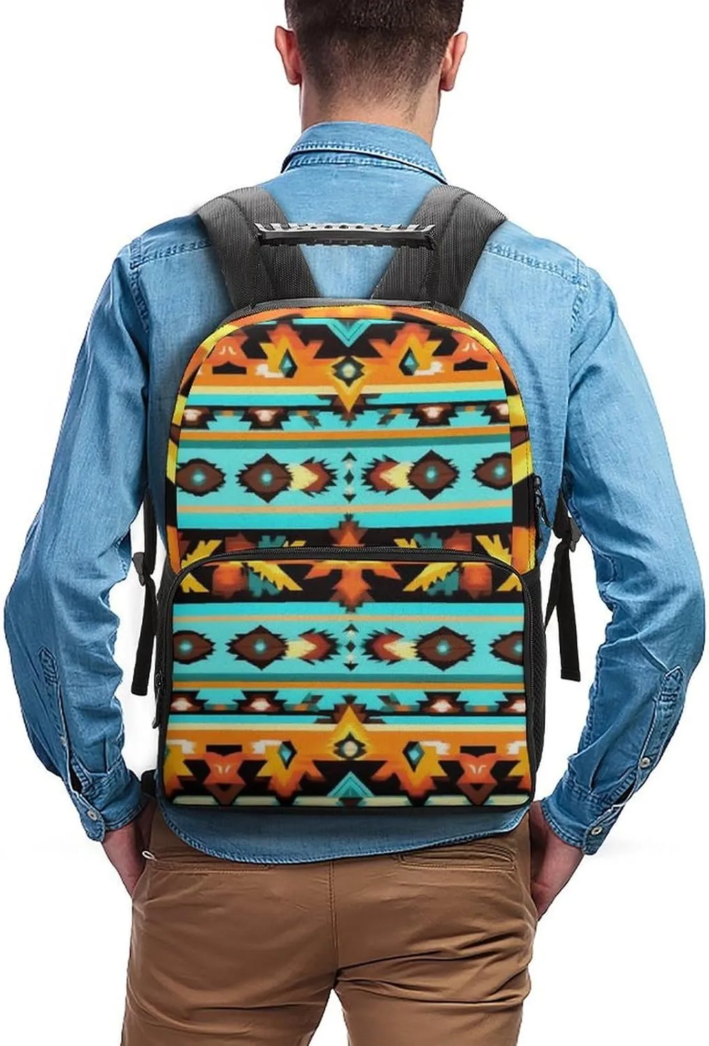 Supdreamc Men Women Polyester Ethnic Aztec Turquoise Geometric Indiana Western Southwest Pattern Daypack Big Capacity Shoulder Bag With Adjustable Shoulder Straps for Camping Travel Walking Cycling