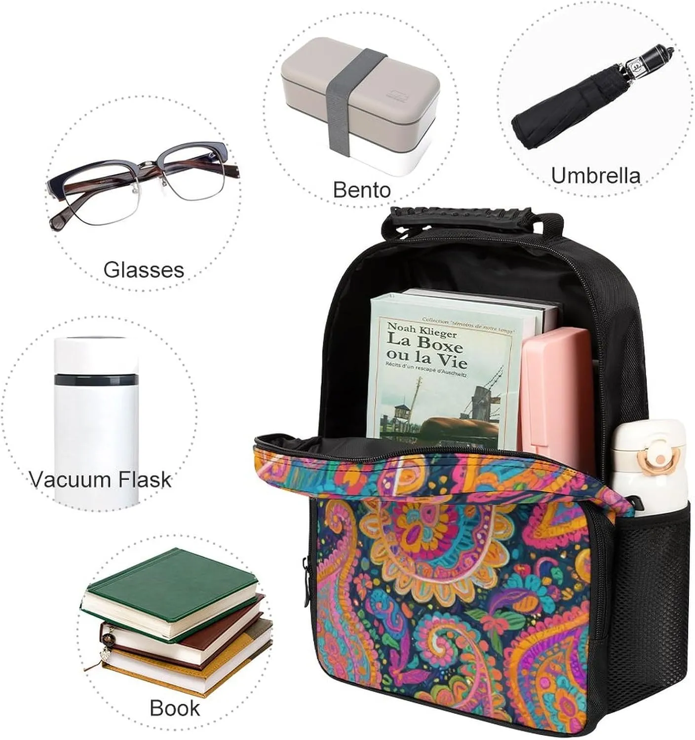 Supdreamc Polyester Daypack Backpack for Sports Travel Running - Big Capacity Anti-Theft Multipurpose Carry On Bag, Colorful Flowers Leaves Paisley Art Laptop Book Bag Rucksack