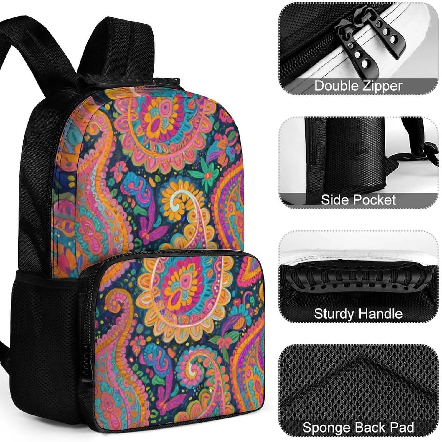 Supdreamc Polyester Daypack Backpack for Sports Travel Running - Big Capacity Anti-Theft Multipurpose Carry On Bag, Colorful Flowers Leaves Paisley Art Laptop Book Bag Rucksack