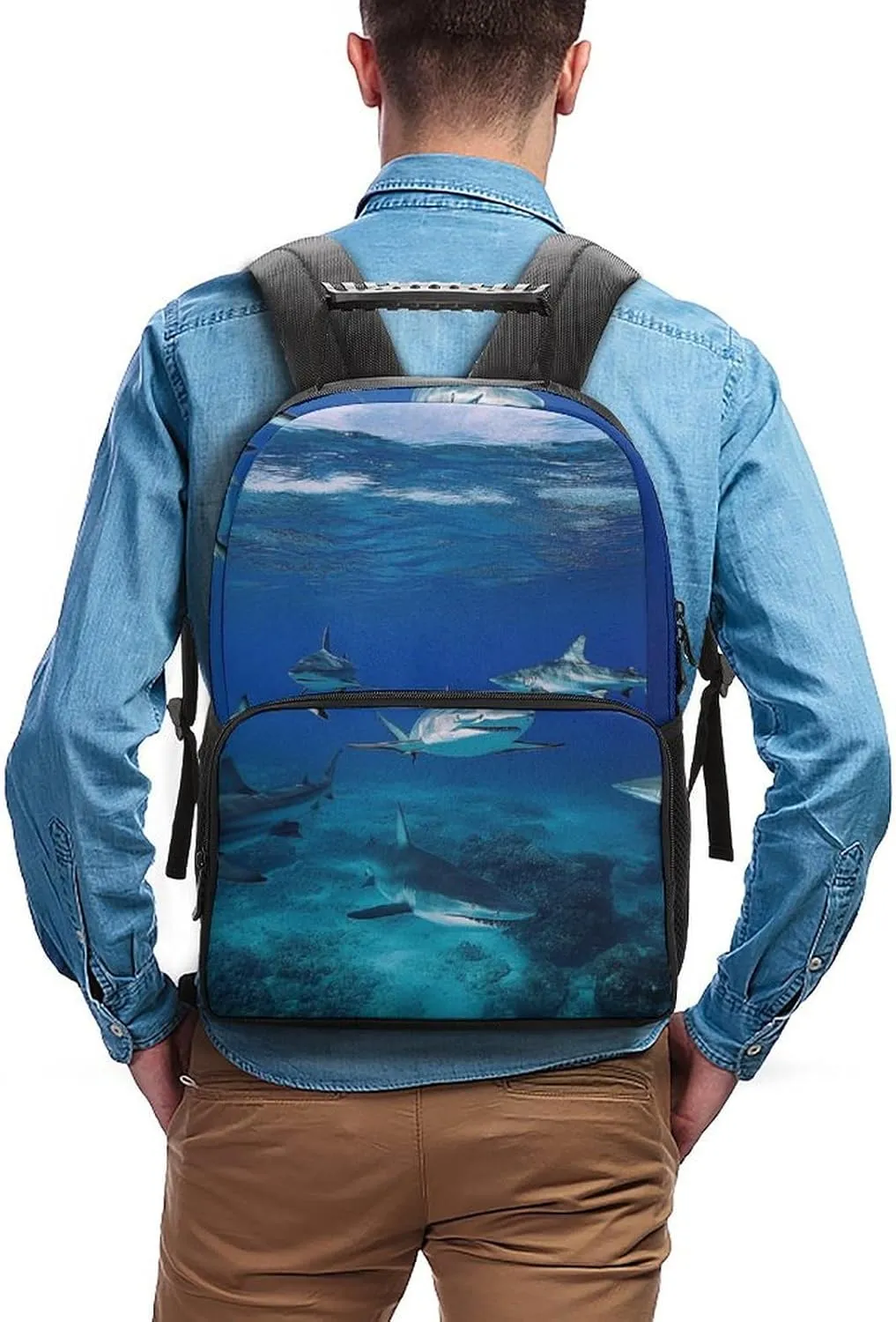 Supdreamc Polyester Daypack Bookbag for Gym Business Bicycle - Large Capacity Multipurpose Anti-Theft Carry On Bag, Blue Ocean Sea Shark Travel Hiking Daypack