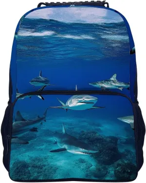 Supdreamc Polyester Daypack Bookbag for Gym Business Bicycle - Large Capacity Multipurpose Anti-Theft Carry On Bag, Blue Ocean Sea Shark Travel Hiking Daypack