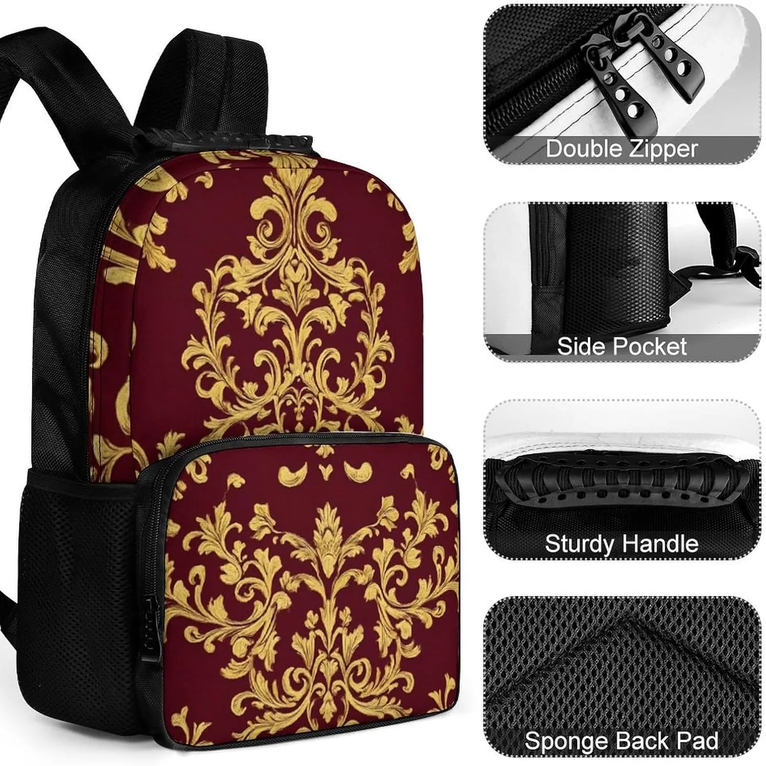 Supdreamc Polyester Daypack Bookbag for Gym Business Bicycle - Large Capacity Multipurpose Anti-Theft Carry On Bag, Flower Maroon Gold Floral Classy Burgundy Antique Travel Hiking Daypack