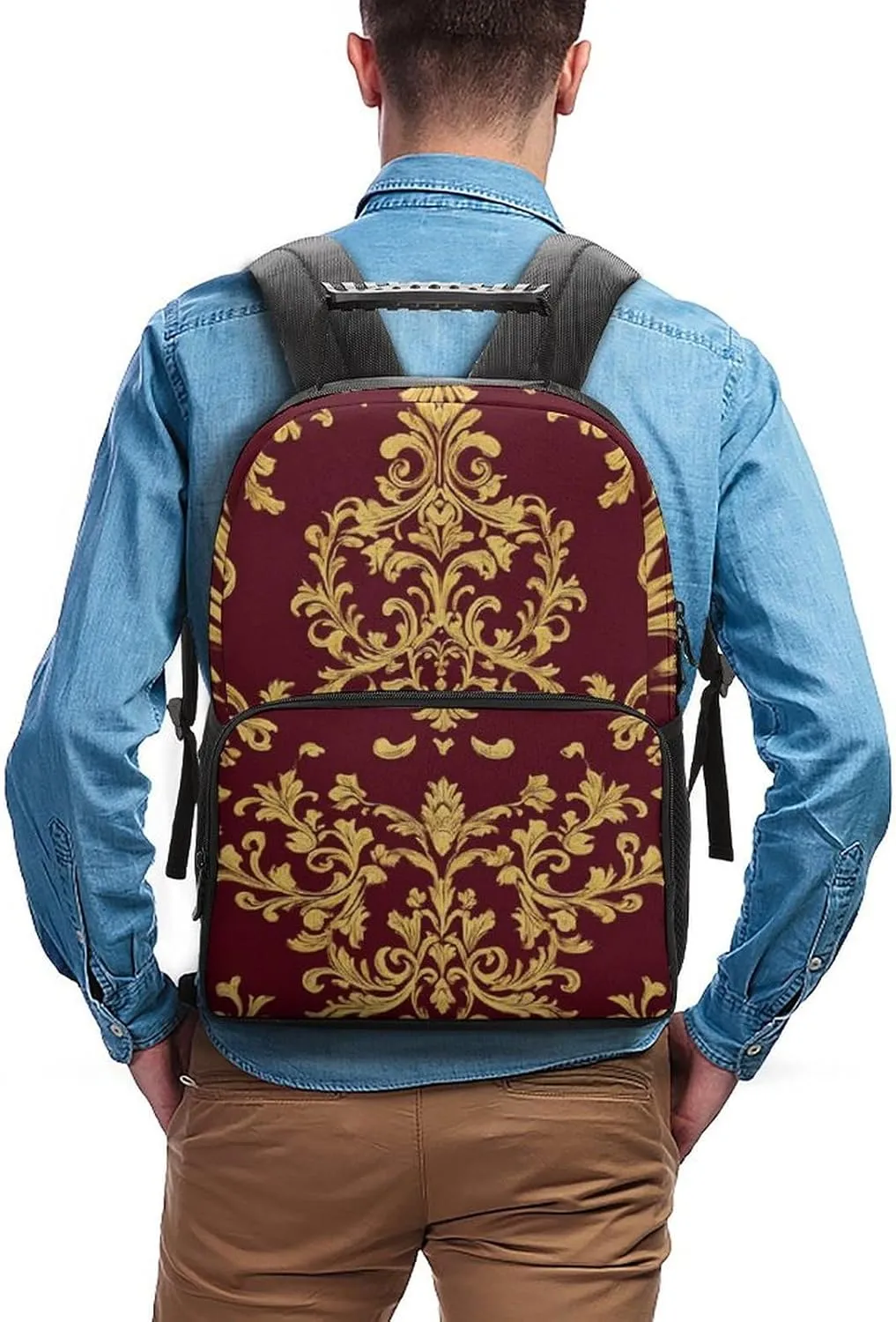 Supdreamc Polyester Daypack Bookbag for Gym Business Bicycle - Large Capacity Multipurpose Anti-Theft Carry On Bag, Flower Maroon Gold Floral Classy Burgundy Antique Travel Hiking Daypack