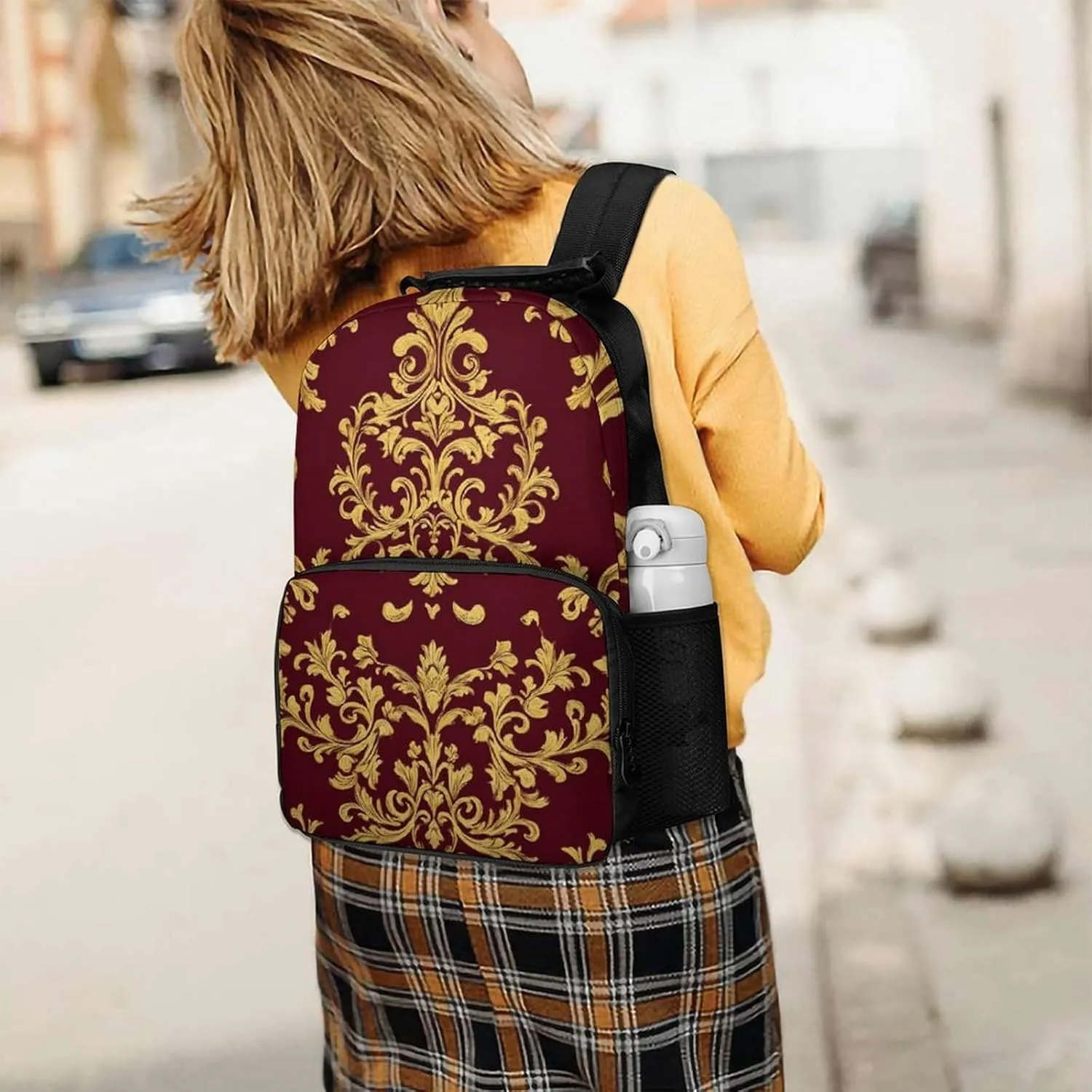 Supdreamc Polyester Daypack Bookbag for Gym Business Bicycle - Large Capacity Multipurpose Anti-Theft Carry On Bag, Flower Maroon Gold Floral Classy Burgundy Antique Travel Hiking Daypack