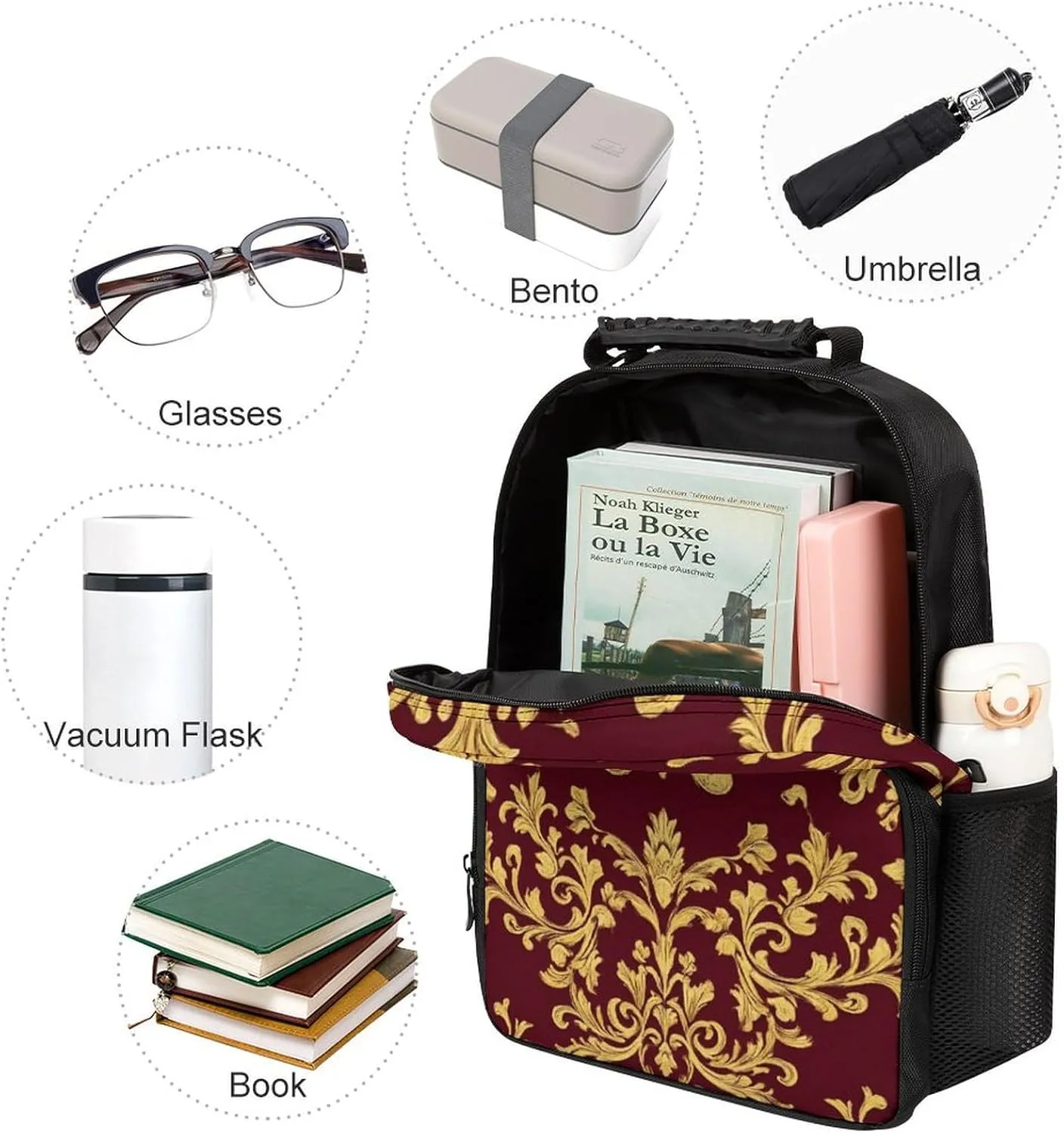Supdreamc Polyester Daypack Bookbag for Gym Business Bicycle - Large Capacity Multipurpose Anti-Theft Carry On Bag, Flower Maroon Gold Floral Classy Burgundy Antique Travel Hiking Daypack