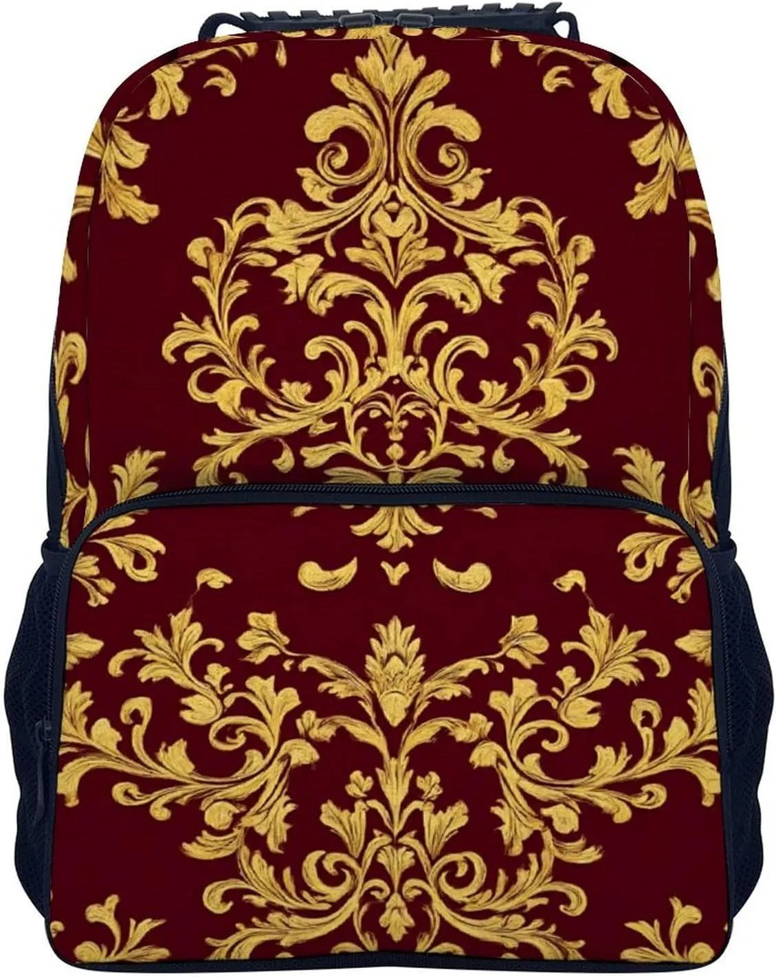 Supdreamc Polyester Daypack Bookbag for Gym Business Bicycle - Large Capacity Multipurpose Anti-Theft Carry On Bag, Flower Maroon Gold Floral Classy Burgundy Antique Travel Hiking Daypack