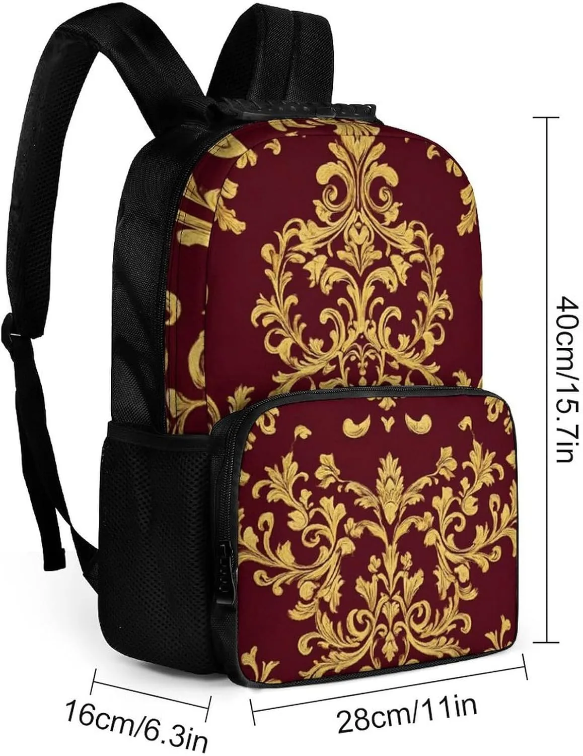 Supdreamc Polyester Daypack Bookbag for Gym Business Bicycle - Large Capacity Multipurpose Anti-Theft Carry On Bag, Flower Maroon Gold Floral Classy Burgundy Antique Travel Hiking Daypack