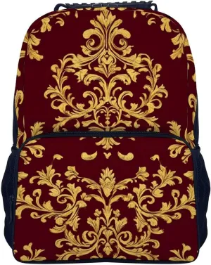 Supdreamc Polyester Daypack Bookbag for Gym Business Bicycle - Large Capacity Multipurpose Anti-Theft Carry On Bag, Flower Maroon Gold Floral Classy Burgundy Antique Travel Hiking Daypack
