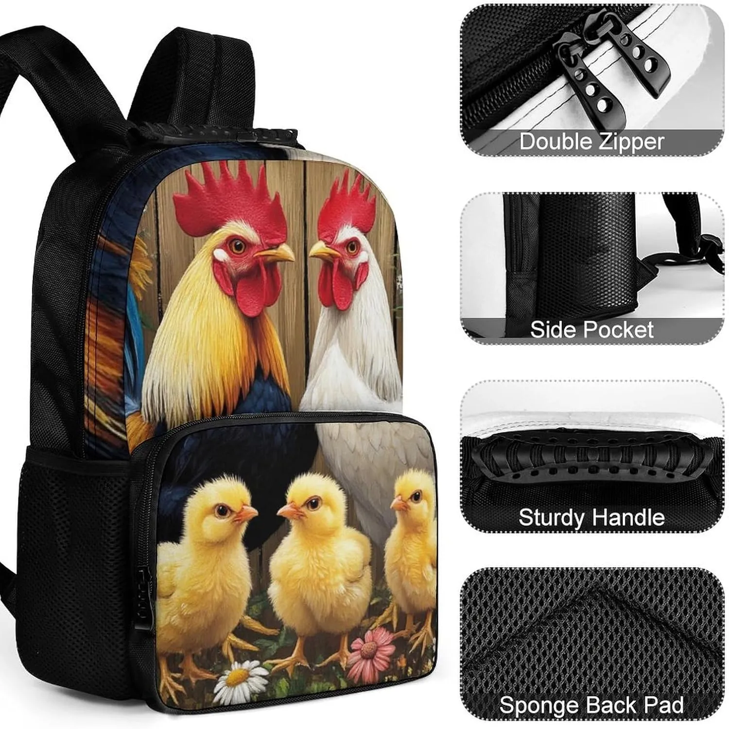 Supdreamc Polyester Daypack for Camping Travel Walking Cycling - Big Capacity Anti-Theft Multipurpose Bookbag, Chicken Rooster Garden Flowers Painting Camping Outdoor Backpack