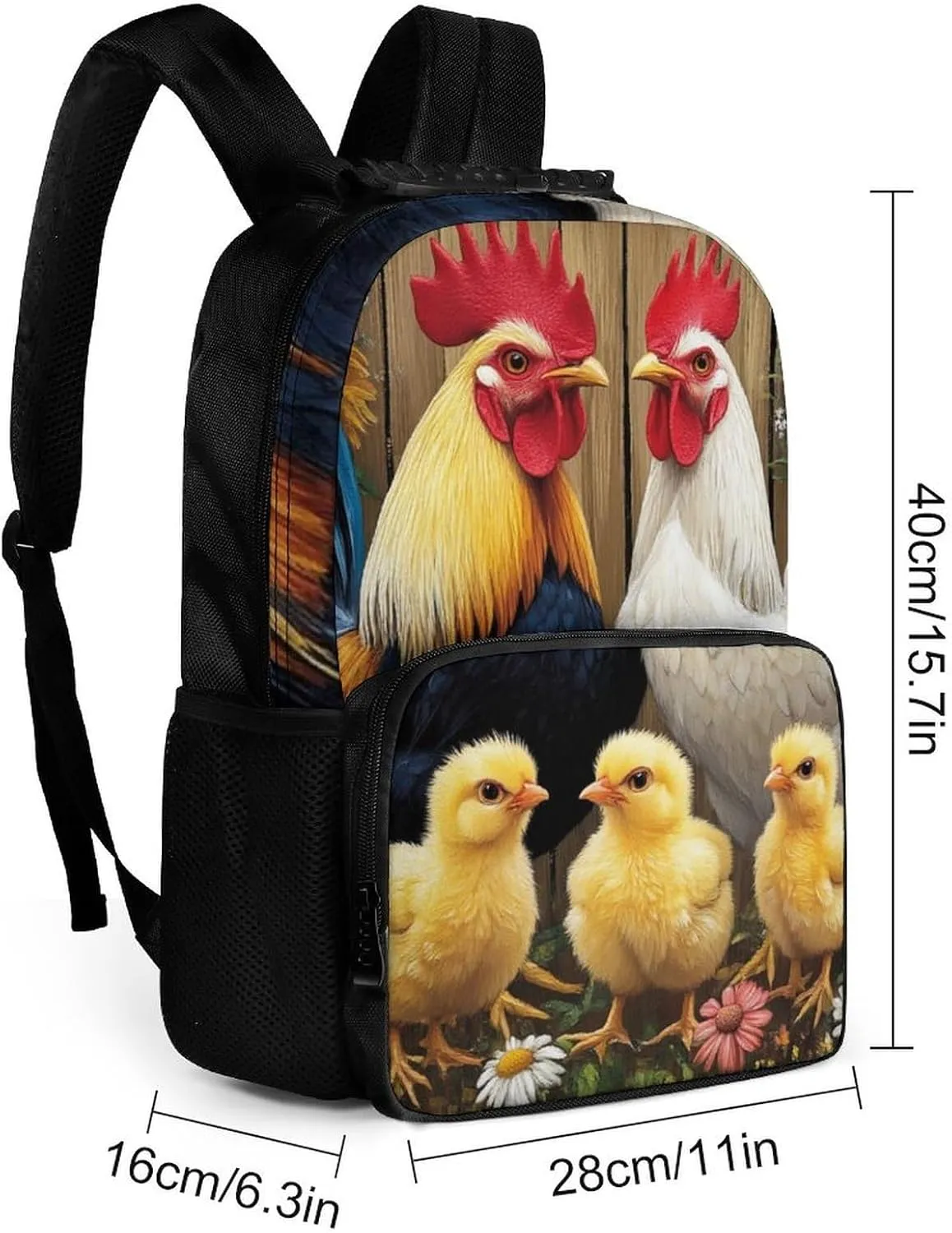 Supdreamc Polyester Daypack for Camping Travel Walking Cycling - Big Capacity Anti-Theft Multipurpose Bookbag, Chicken Rooster Garden Flowers Painting Camping Outdoor Backpack