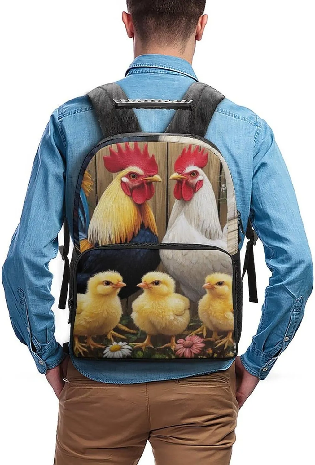 Supdreamc Polyester Daypack for Camping Travel Walking Cycling - Big Capacity Anti-Theft Multipurpose Bookbag, Chicken Rooster Garden Flowers Painting Camping Outdoor Backpack