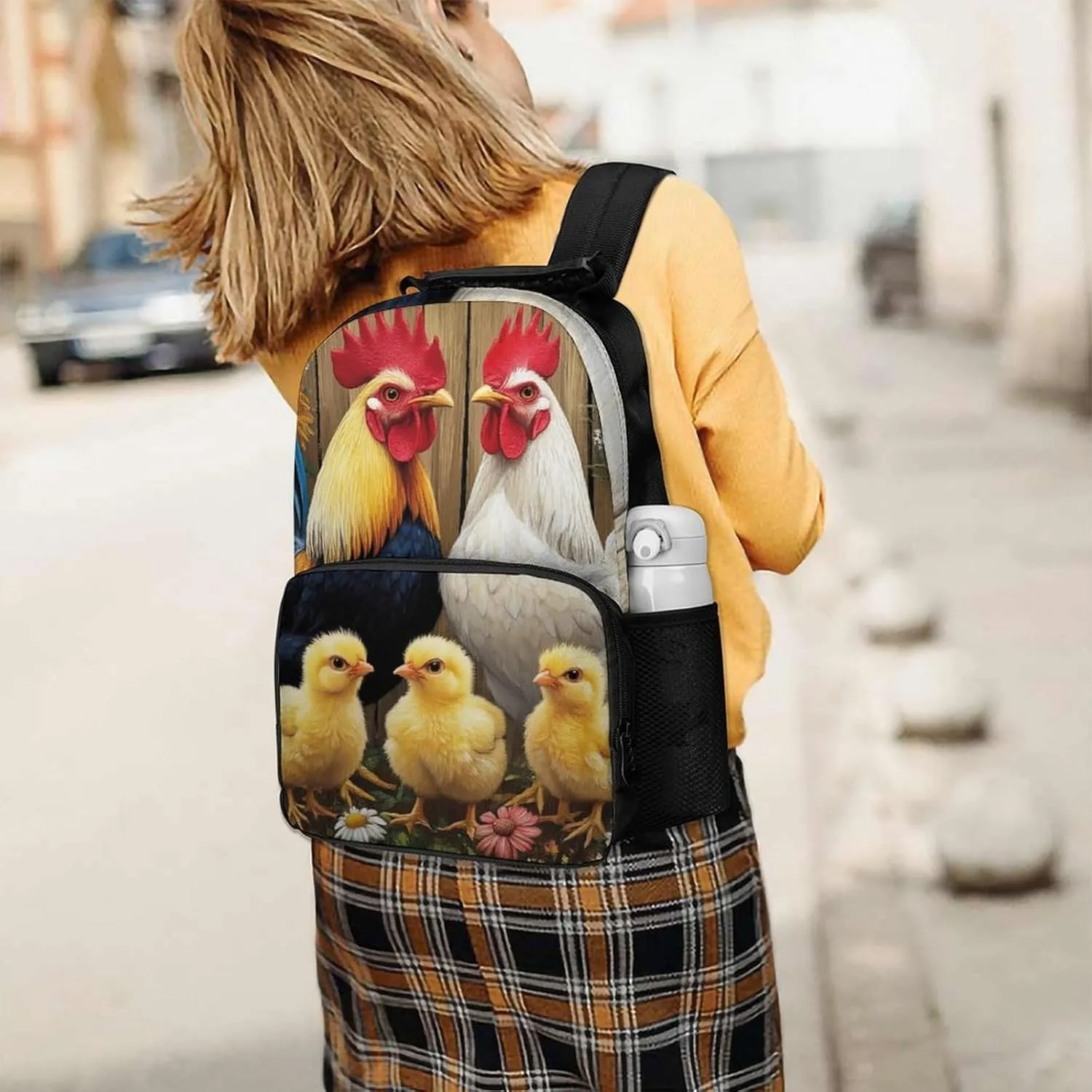 Supdreamc Polyester Daypack for Camping Travel Walking Cycling - Big Capacity Anti-Theft Multipurpose Bookbag, Chicken Rooster Garden Flowers Painting Camping Outdoor Backpack