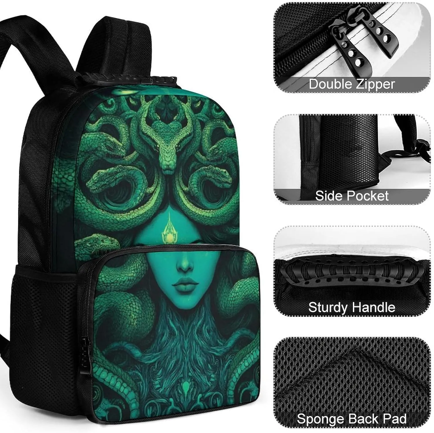 Supdreamc Polyester Daypack for Hiking Work Running - Big Capacity Anti-Theft Multipurpose Shoulder Bag, Ancient Greece Snake Queen Medusa Art Travel and Sport Backpack Rucksack