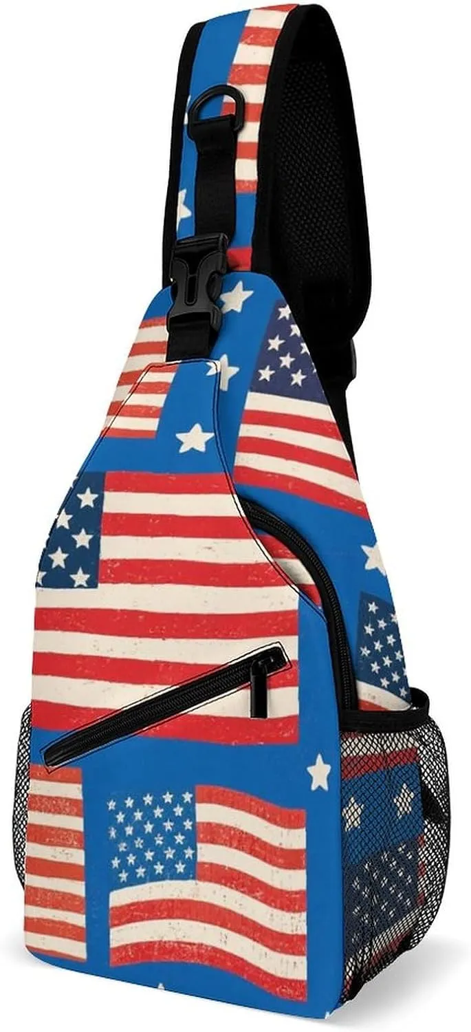 Supdreamc Sling Bag Backpack for Men Women Multipurpose Anti-Theft Satchel Bookbags Travel Rucksack Daypack Bookbag, Usa Flag Grunge Old American Flag Art Shoulder Crossbody Bag Chest Pack